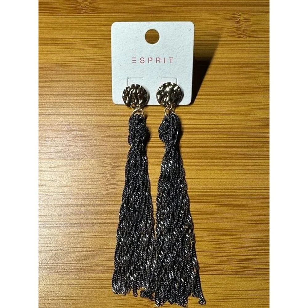 ESPRIT Gold Hammered Disc Stud Black Tassel Drop Earrings Boho New Pair